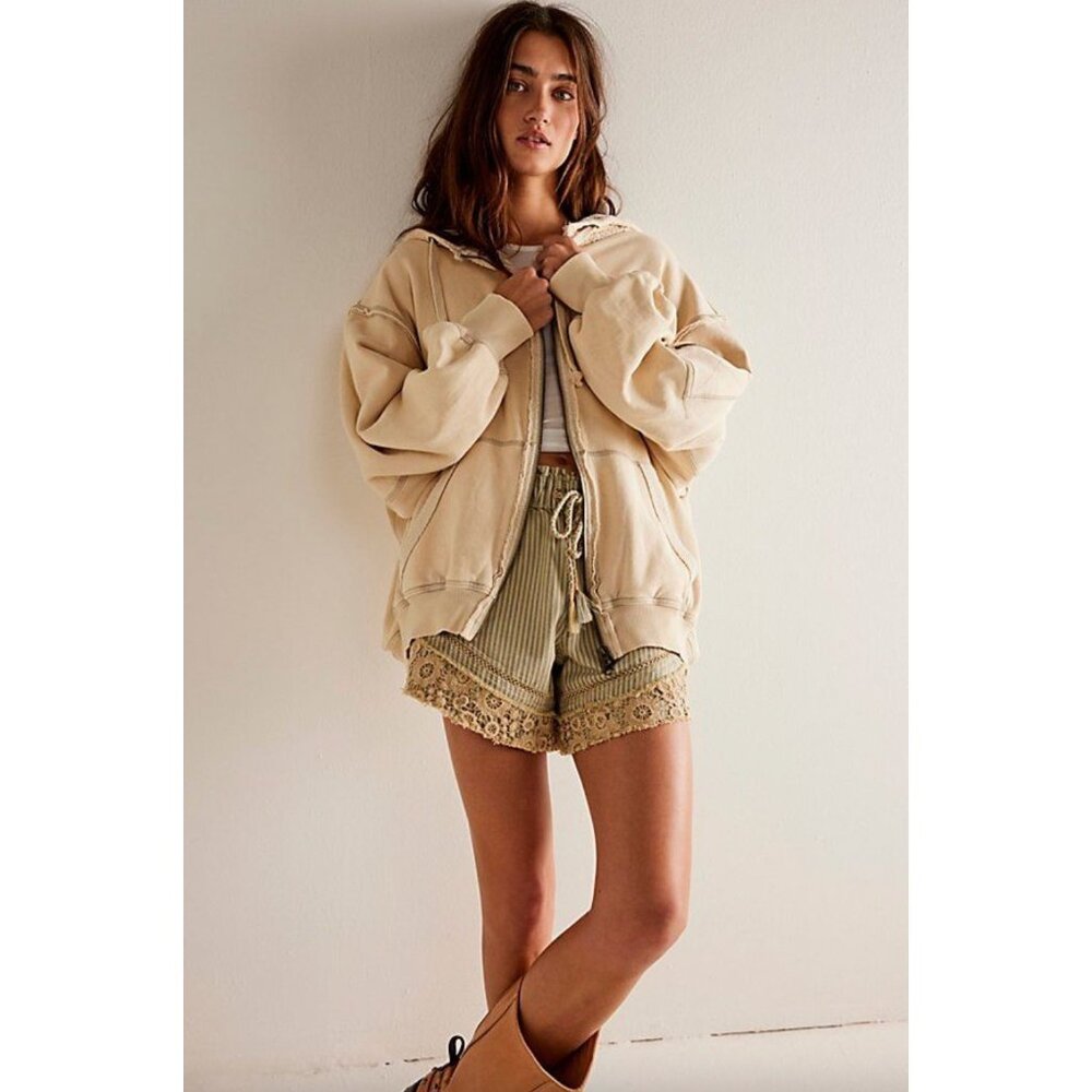 Free People Beige Oversized Zip Hoodie